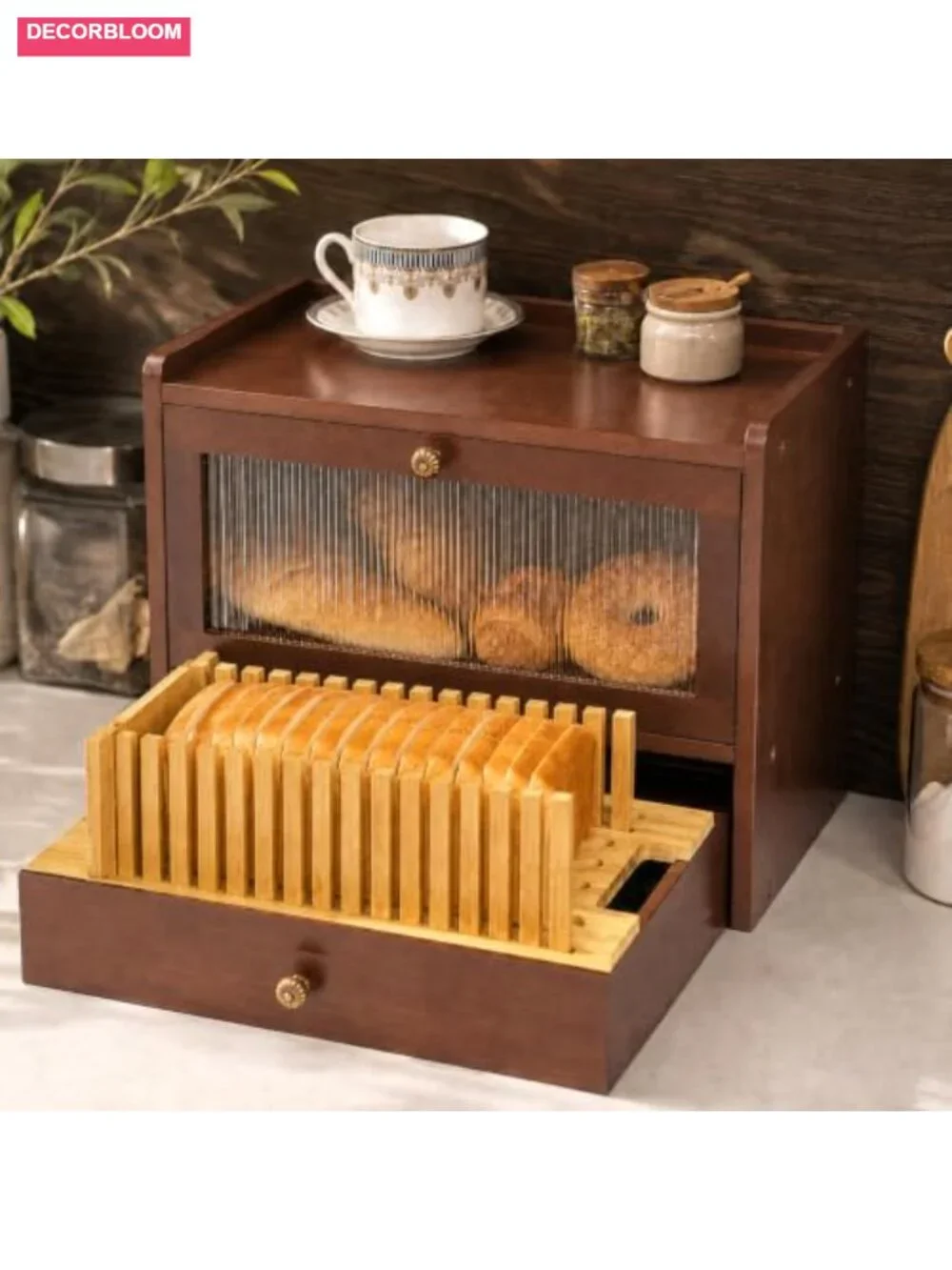 Solid Pine Wood Bread Box with Bamboo Slicer for Kitchen Countertop